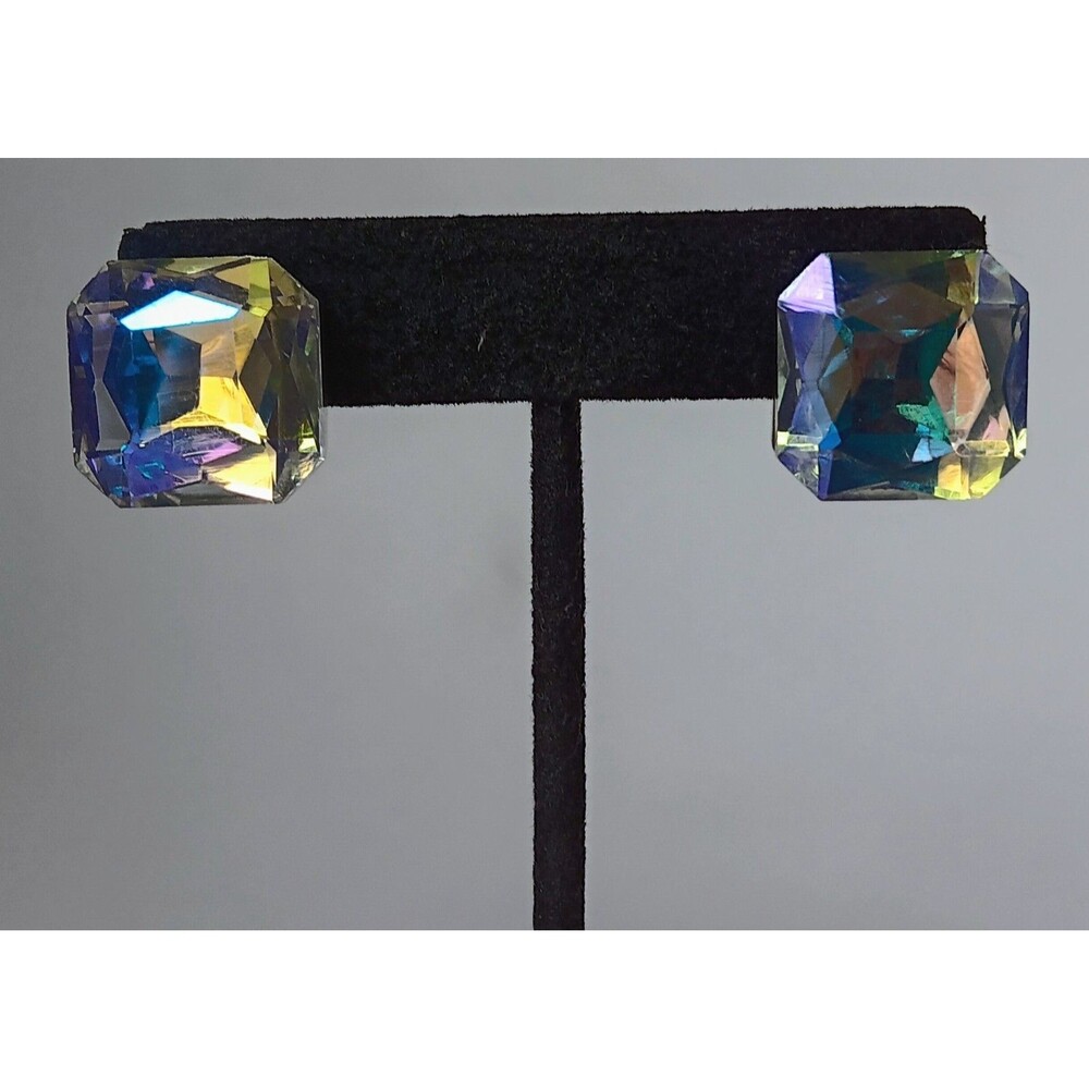 Beautiful Radiant Cut Aurora Borealis Crystal Earrings 3/4 in